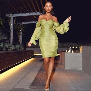 Off-Shoulder Olive Green Midi Dress with Puff Sleeves